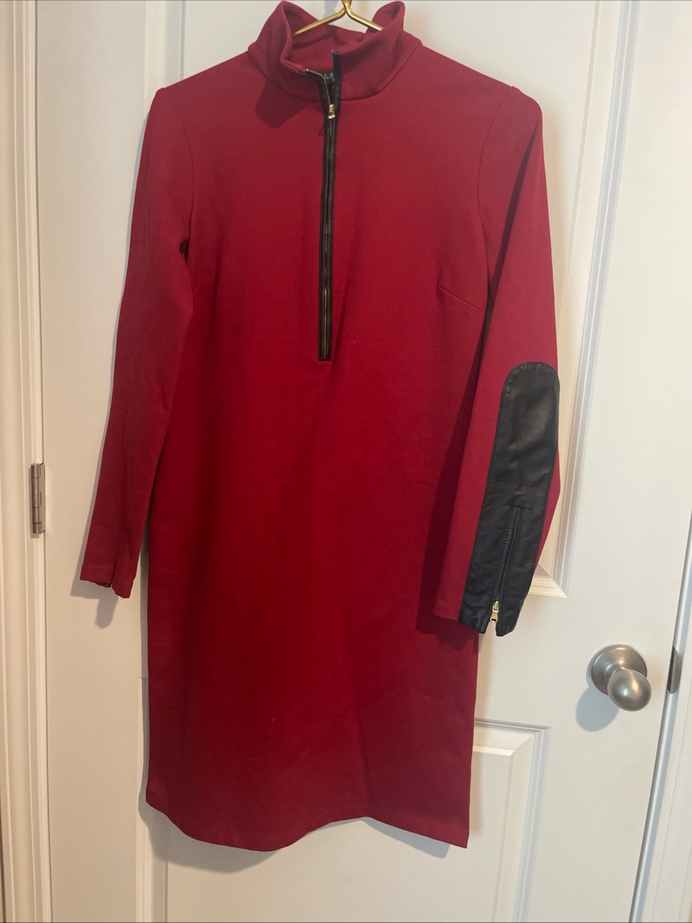 Lauren Ralph Lauren 6 Red Zip-Front Long Sleeve Dress with Black Elbow Patch